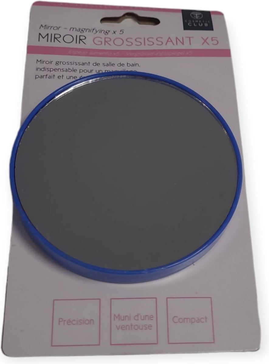 Goedkoopste Vergrootspiegel - 5x Vergroot - ø 7 cm - Toilettas formaat - Zuignap - Make-up - Badkamer - Blauw