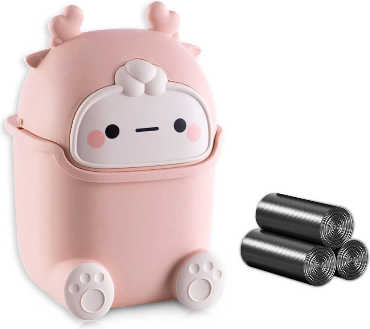 Goedkoopste Mini Desktop Trash Can Cute Table Trash Can with Push Lid Waste Bin Countertop Trash Can with 3 Rolls of Garbage Bags (PINK
