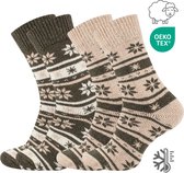 Huissokken - Warme Wollen Sokken Set maat 35-38 - 2 paar Dikke Wintersokken met Noors design - Thermo - Groen/Beige