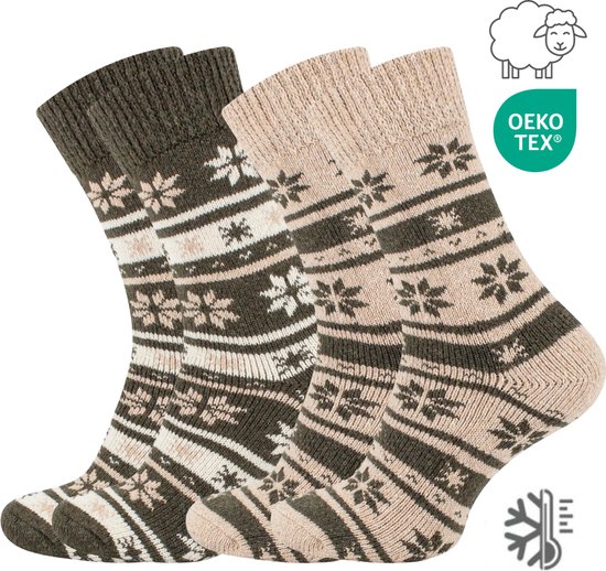 Chaussettes d'intérieur - Set de Chaussettes chaudes en laine taille 35-38 - 2 paires de chaussettes d'hiver épaisses au design norvégien - Thermo - Vert/Beige