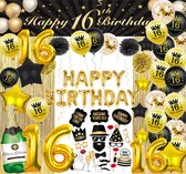 FeestmetJoep 16 jaar verjaardag versiering goud/zwart XXL - Feestartikelen 16 jaar - Verjaardag set 16 jaar - Sweet sixteen feestartikelen - Sweet 16 versiering - verjaardagscadeau 16 jaar - 16 jaar verjaardag ballonnen & slinger