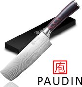 Couteau Nakiri japonais professionnel en acier inoxydable PAUDIN N6 17,5 cm - Couteau à découper tranchant comme un rasoir en acier au carbone allemand inoxydable de haute qualité - Motif Damas - BBQ