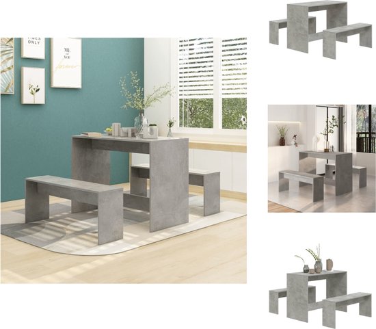 vidaXL Eethoek Tafel en Bankjes - Betongrijs - 102 x 50 x 75 cm - Spaanplaat - Set tafel en stoelen