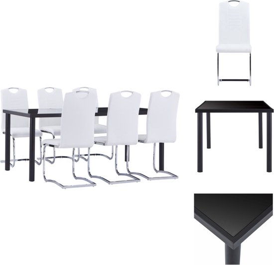 vidaXL Ensemble de salle à manger Moderne - Table à manger 180x90x75 cm - Verre trempé et métal - 6x Chaises de salle à manger - Simili cuir - Wit - 42x52x100 cm - Set table et chaises
