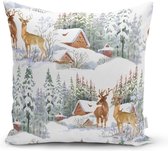 Velvet Kussenhoes - 45x45 - Rendieren & Berghuisje - Kussensloop - Kerst decoratie - Kussenhoesjes