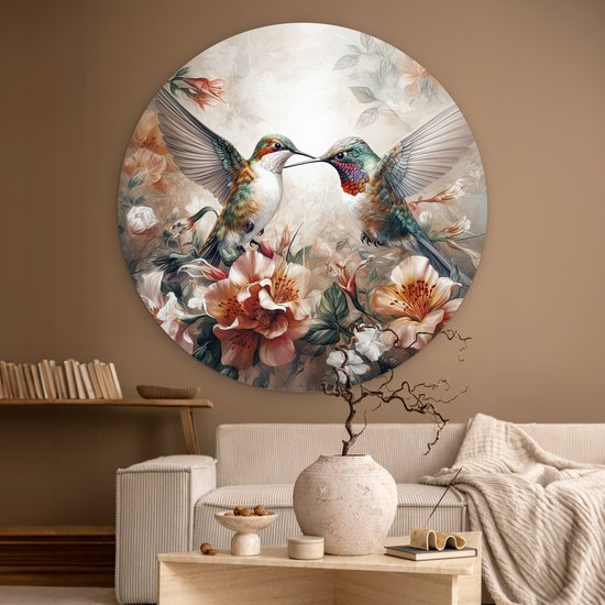 Cercle mural oiseaux - Colibri - Fleurs - Cercle mural intérieur - Décoration murale salon - Tableaux ronds - Cercle de Décoration murale - Accessoires de maison - 150x150 cm - Plaque murale ronde - Peinture ronde – Cercles muraux