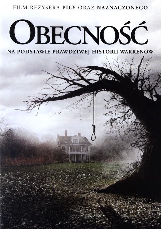 Griezelige poster van The Conjuring met een silhouet van een boom met een galgenstrop en een spookachtig huis op de achtergrond.