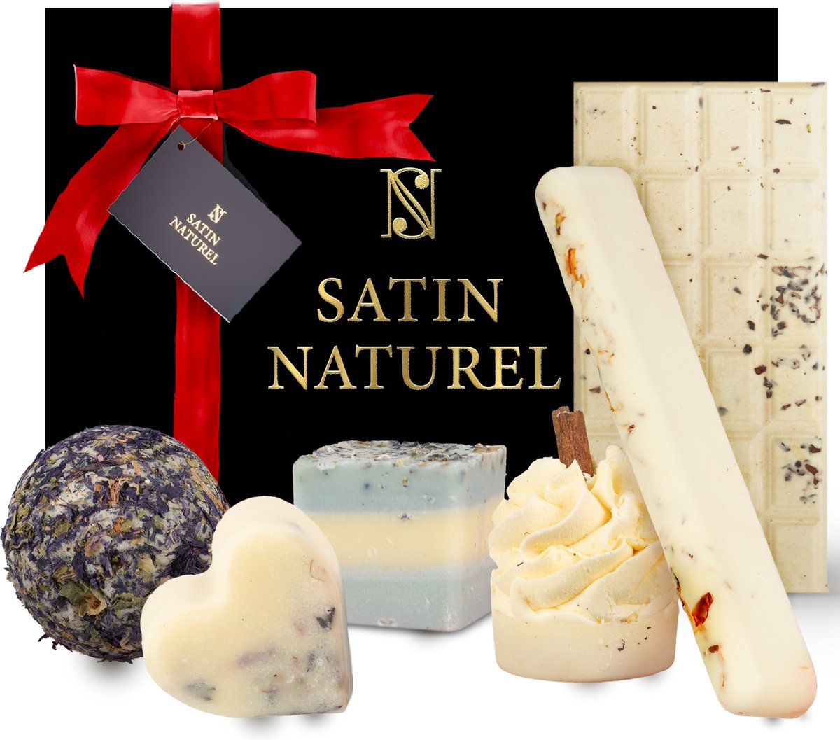 Goedkoopste Satin Naturel Bad en zeep Geschenkset - Luxe Bruisballen en Badparels van essentiële oliën en shea butter (ongeraffineerd), Badset met 7 stuks