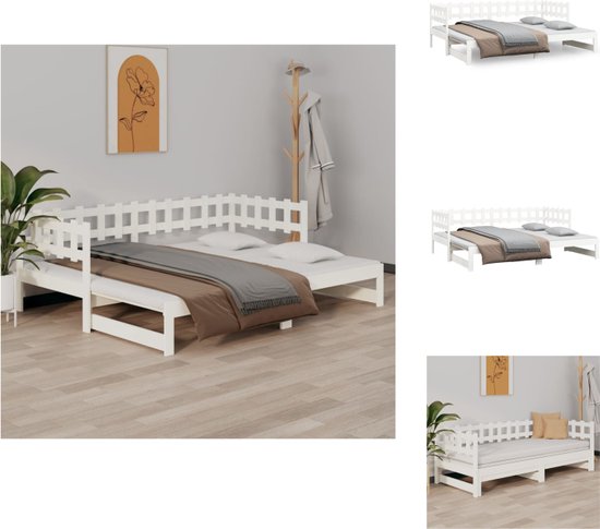 vidaXL Slaapbank - Massief grenenhout - Uitschuifbaar - Wit - 203.5 x 160 x 68.5 cm - Geschikt voor 80 x 200 cm matras - Twee matrassen vereist - Bed