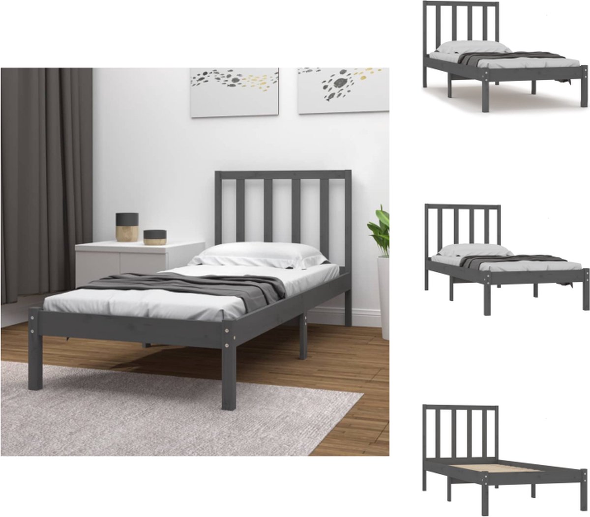 VidaXL Massief Grenen Houten Bedframe 205.5 x 96 x 100 cm Grijs Bed