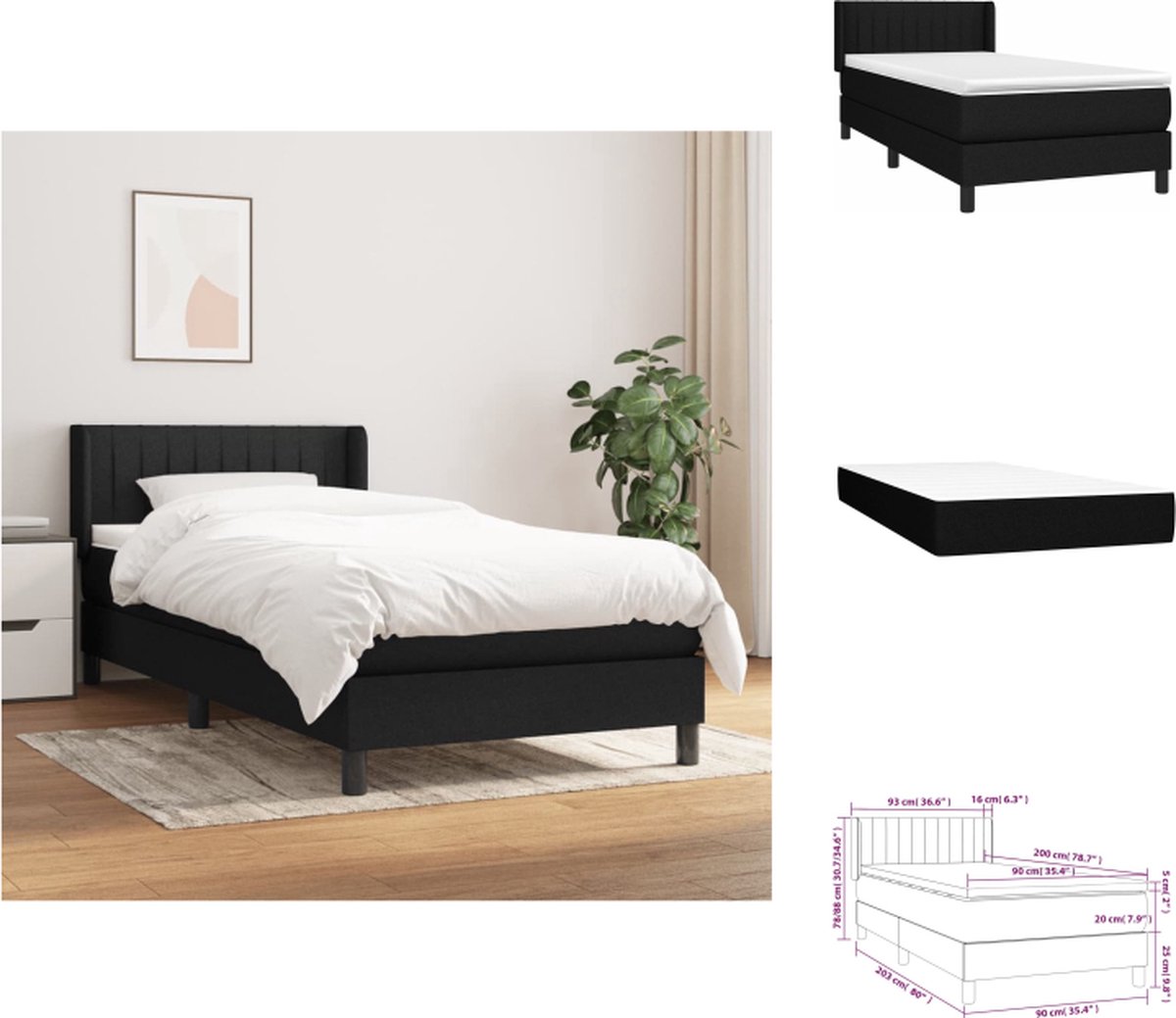 vidaXL Boxspringbed - Pocketvering matras - Middelharde ondersteuning - Huidvriendelijk topmatras - zwart - 203 x 93 x 78/88 cm - Bed