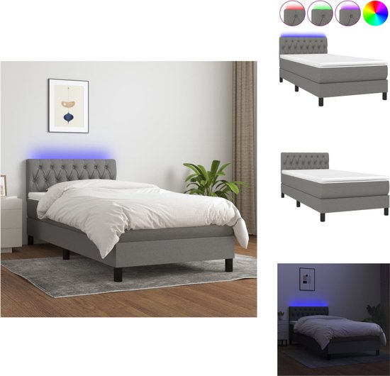 vidaXL Boxspring Bed - donkergrijs - 203 x 100 x 78/88 cm - verstelbaar hoofdbord - LED-verlichting - pocketvering matras - huidvriendelijk topmatras - Bed