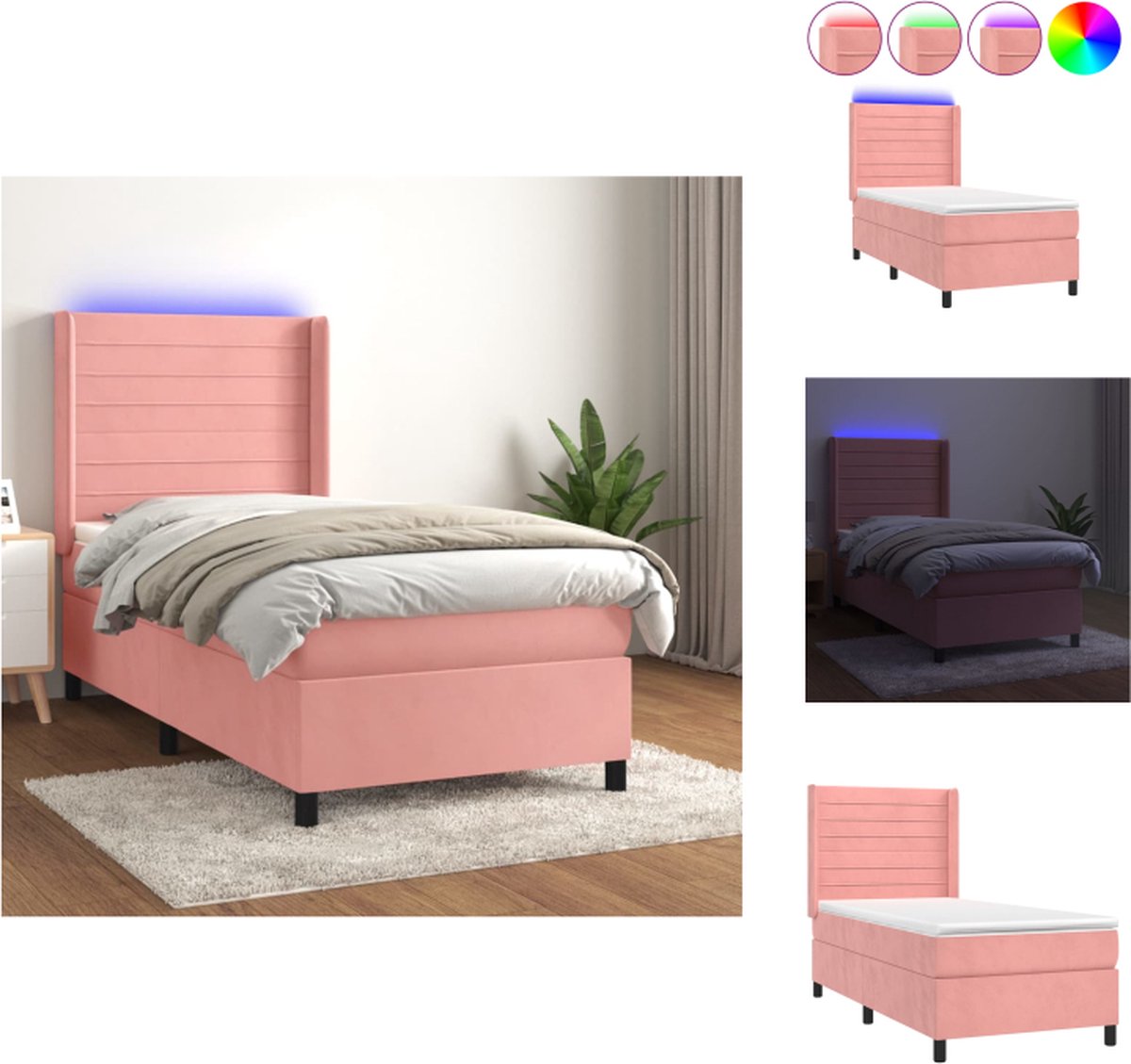 VidaXL Bed Boxspring Roze Fluweel 203 x 103 x 118 128 cm Hoofdbord verstelbaar Kleurrijke LED Pocketvering matras Huidvriendelijk topmatras Incl montagehandleiding en LED-strip Bed