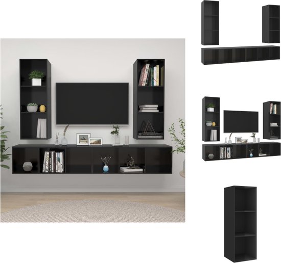 vidaXL Televisiewandmeubelset - Hoogglans zwart - Spaanplaat - 107 cm - 4 x tv-meubel - Kast