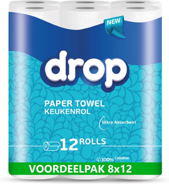 DROP Super Keukenrol - 8x12 Keukenrollen - Ultra absorberend Keukenpapier - 96 Rollen Voordeelverpakking