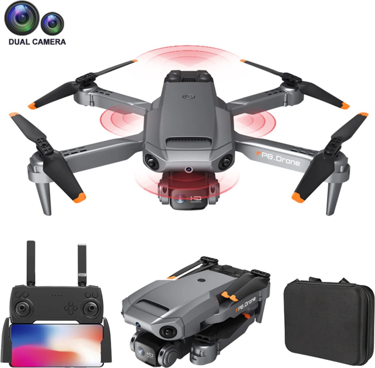 Brandz P8 Drone - Full HD Camera - 1080p - 2 Accu's - Mini Drone - Dual Camera - Drone Met Obstakelvermijding - Volwassenen/Kinderen - Voorgeprogrammeerde Trucs - Inclusief Opbergtas - Zwart