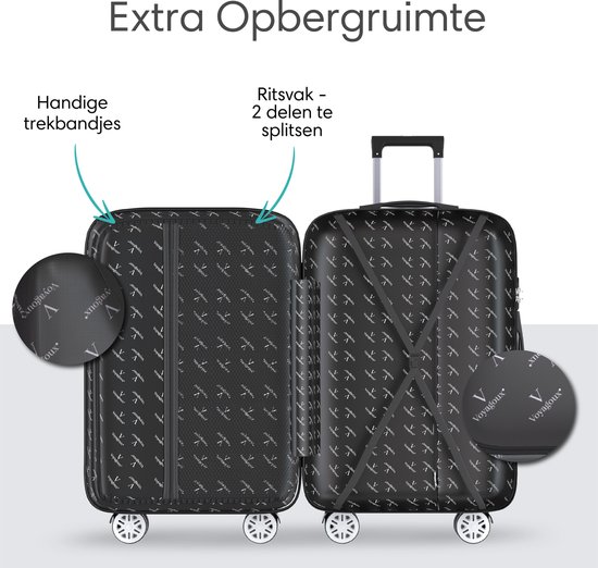 Open zwarte koffer met opbergruimte. Binnenkant heeft strategisch geplaatste banden en een ritsvak. Tekst: 'Extra Opbergruimte', 'Handige trekbandjes', 'Ritsvak - 2 delen te splitsen'.