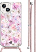 Casimoda® hoesje met rosegoud koord - Geschikt voor iPhone 14 - Floral Hortensia - Afneembaar koord - TPU/acryl - Paars