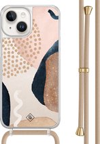 Casimoda® hoesje met beige koord - Geschikt voor iPhone 14 - Abstract Dots - Afneembaar koord - TPU/acryl - Bruin/beige