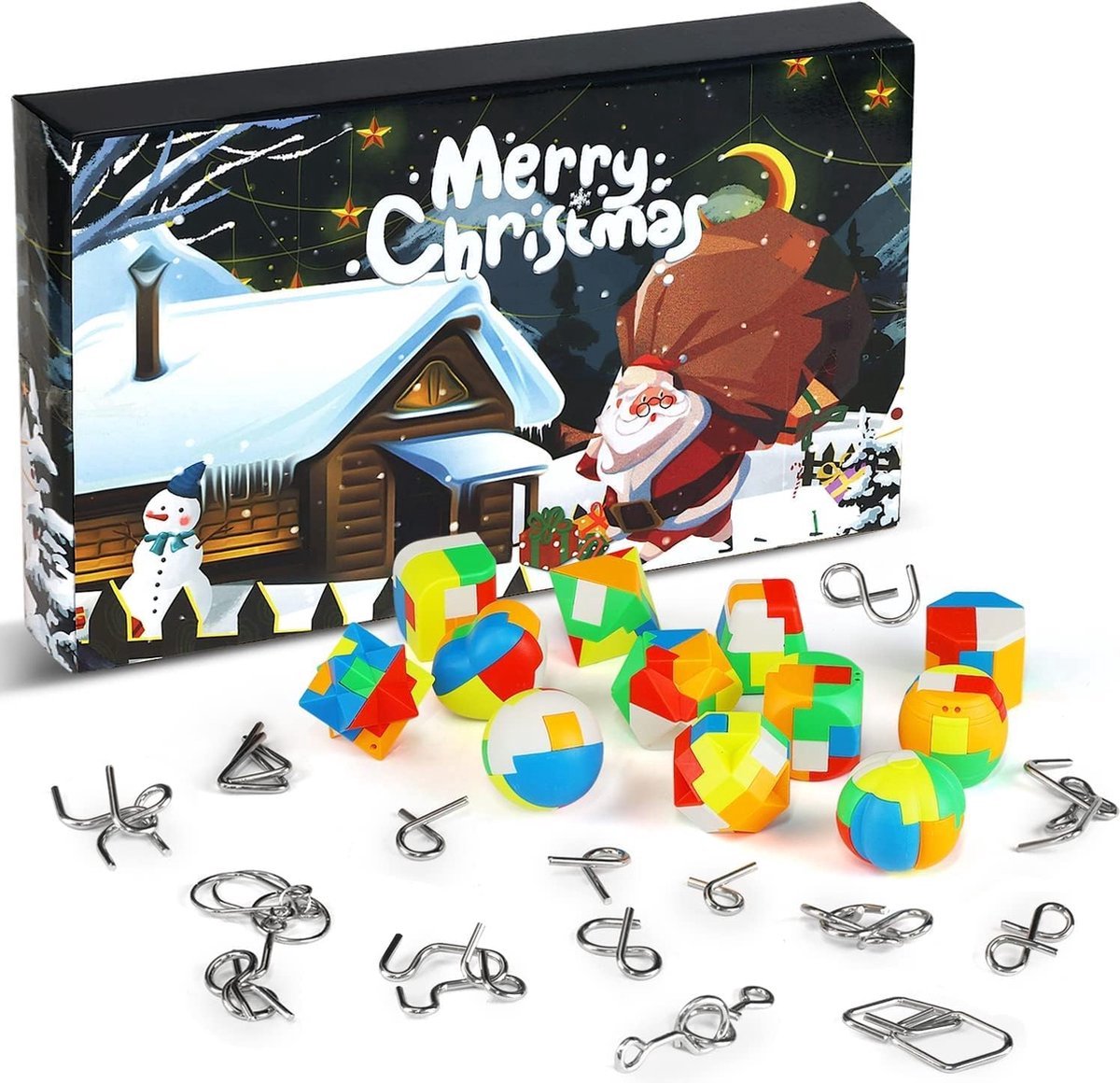 Adventskalender 2023, puzzelspellen, Kerstkalender geschenken, kerstkalender met 24 stuks plastic metalen puzzel, metalen draden, puzzel, plastic puzzel, behendigheidsspellen, voor kinderen en