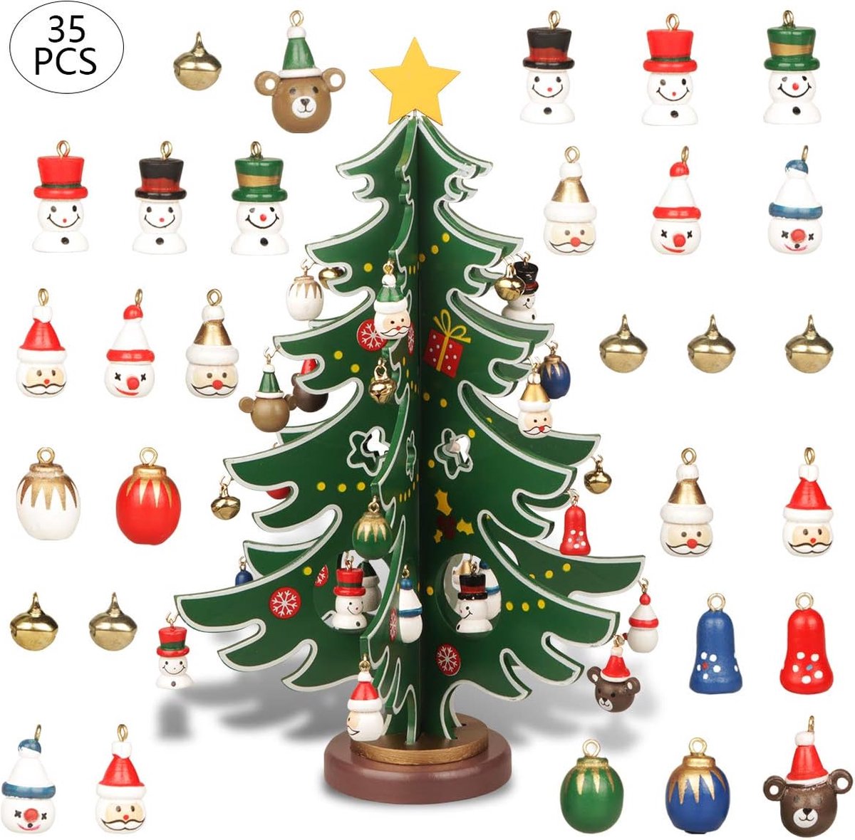 Charmante Mini Houten Kerstboom Set - 30 Kleurrijke Versieringen en Sterrenkroon, 29,5cm Hoog, Perfect voor Tafeldecoratie