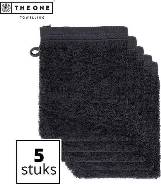 5 antraciet washandjes van The One Towelling, van 100% organisch katoen, met ophanglus.