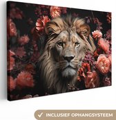 Canvas schilderij 30x20 cm - Leeuw bloemen - Kamer decoratie accessoires - Schilderijen woonkamer dieren - Wanddecoratie slaapkamer - Muurdecoratie keuken - Wanddoek interieur binnen - Woondecoratie huis