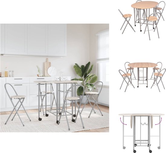 vidaXL Opvouwbare MDF Eetkamerset - 112x80x79 cm - Eiken en zilver - Inclusief 4 Stoelen - Set tafel en stoelen