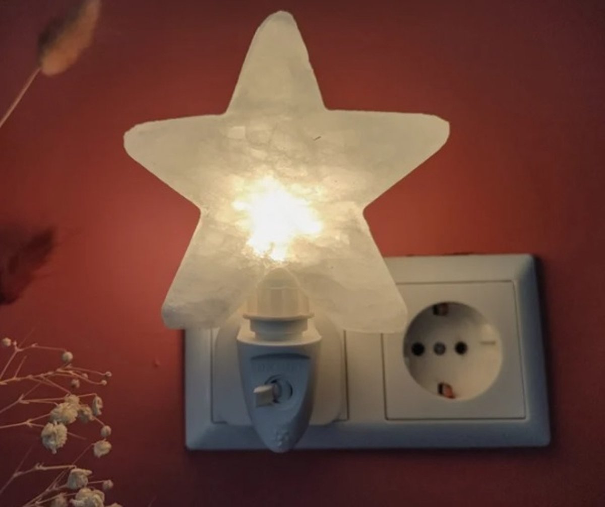 Himalayazout nachtlampje ster wit + LED lampjes + adapter voor inbouwstopcontact