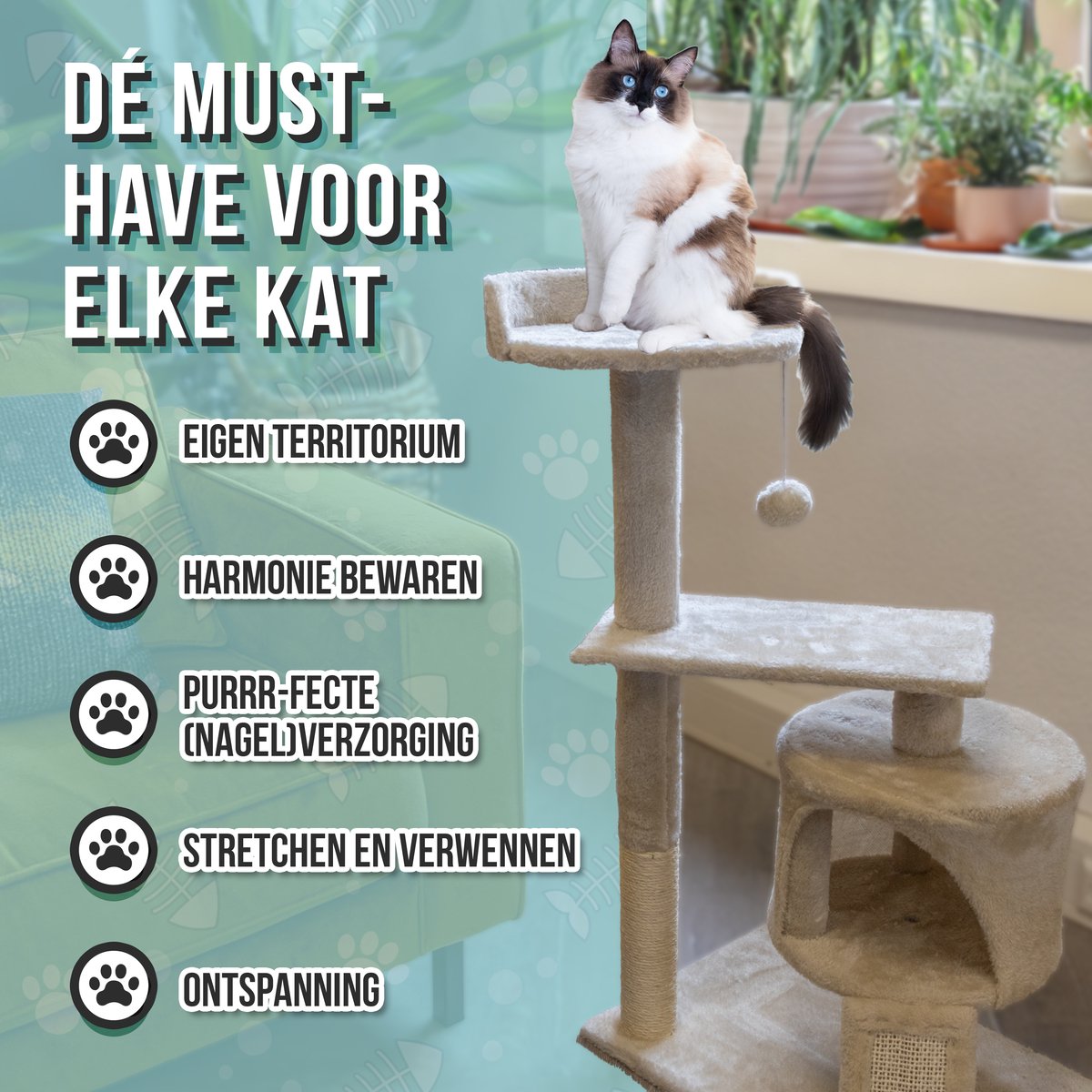 Krabpaal voor Katten - Kattenmand & Kattenspeelgoed - 3 Niveaus - Sisal Touw - 50 x 35 x 88 cm - Krabplank - Krabmat - Kattenhuis - Kattenbed - Kattenpaal - Krabton - Kattenmeubel - Kattentoren - Kattenspeeltjes - Kattenboom - Beige - PetVille – foto 6