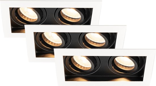 HOFTRONIC - Set van 3 Durham Dubbel LED Inbouwspots vierkant Wit - GU10 - 10 Watt 800 Lumen - 2700K Warm wit licht - Kantelbaar en Dimbaar - Diameter 100x185mm - Plafondspots 2 lichts