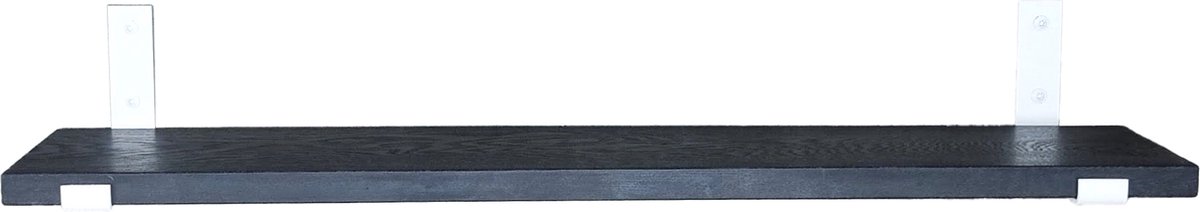 GoudmetHout Wandplank Industrieel - 180 x 20 cm Muurplank - Zwart Eiken Hout - Decoratie Wandrek & Boekenrek - Hangplank Keuken - Wall Shelf + 2 Mat Witte Plankdragers van Staal
