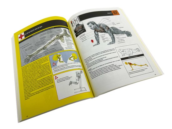 Pagina uit het boek Krachttraining: Een Anatomische Benadering met illustraties van spieroefeningen en anatomie.