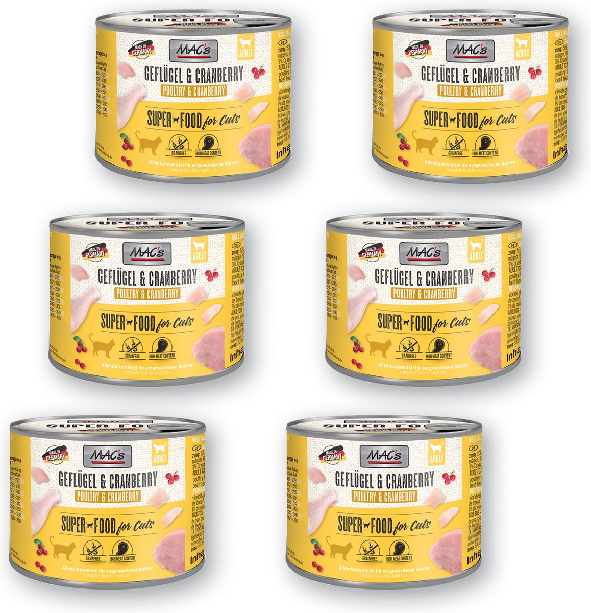 MACs MAC’s Kattenvoer Natvoer Blik 95,8% Gevogelte & Cranberry 6 x 200g