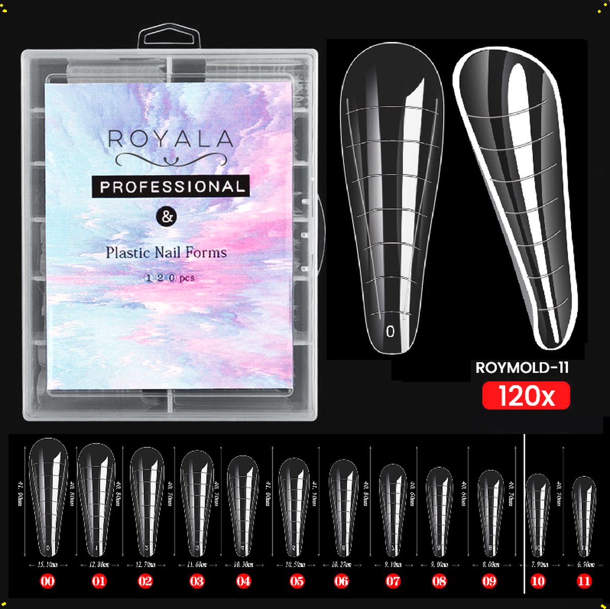 Royala mold11 Dual System Forms - Mold - 120 stuks - 12 maten in handige Tipbox - Polygel Tips - voor Polygel en Acrylgel - Mix System Forms - Tips voor Polygel - Royala Dual Mold Tips Line