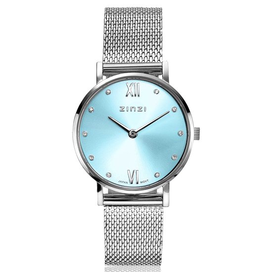 Montre ZINZI Lady Crystal bleu glacier, bracelet en maille, cristaux blancs, 28 mm ZIW645M