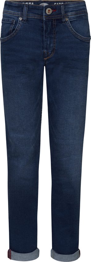 Blauwe jeans met omgeslagen broekspijpen, detail van zakken en knopen.