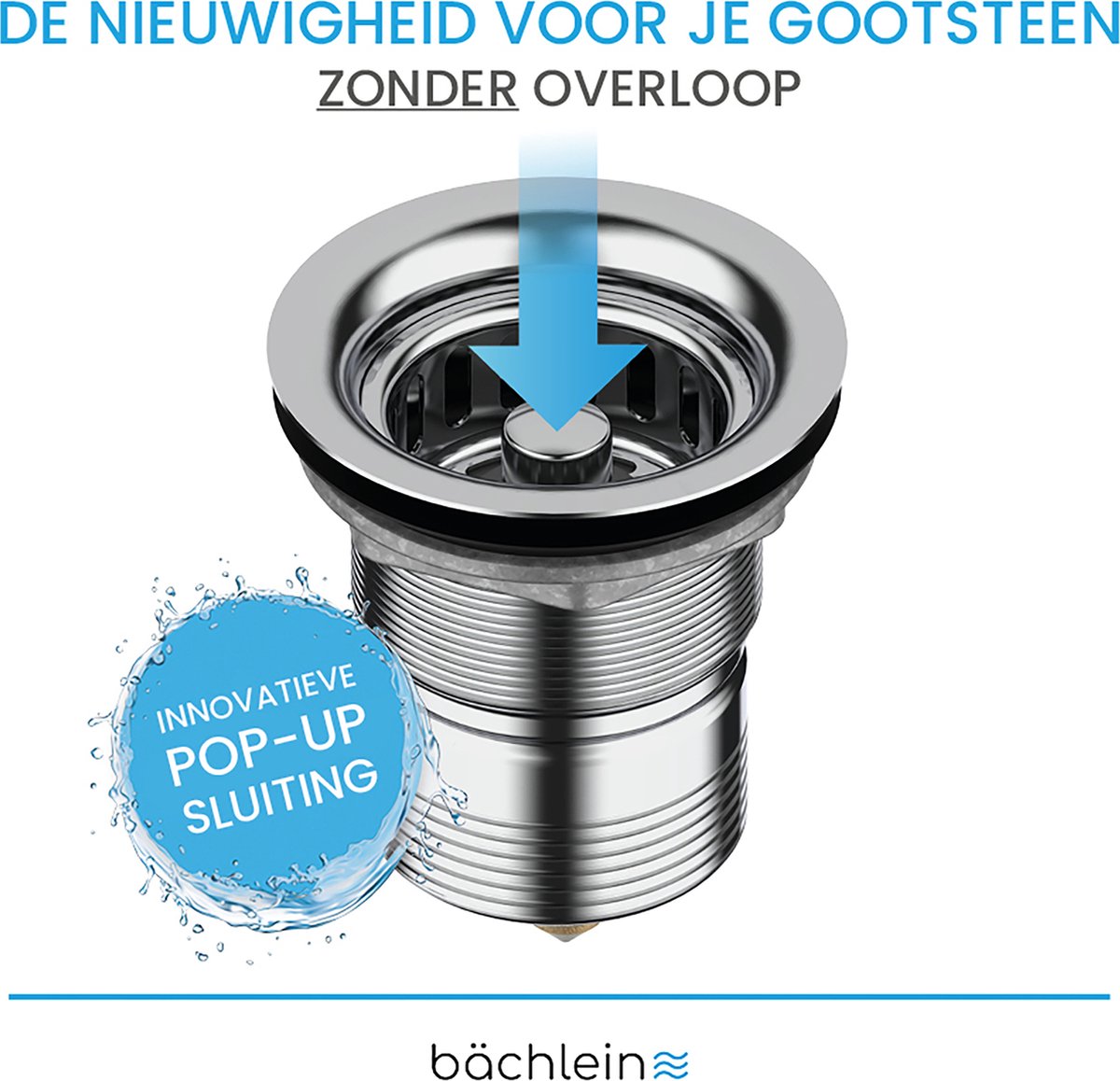 Bächlein Afvoerplug Pop Up voor gootsteen [Ø 70mm zonder overloop] - Keukengootsteen, gepolijste roestvrijstalen gootsteenafvoer, zeefkorfventiel mandventiel