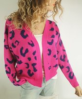 Trendy oversized cardigan kort vest cropped damesvest pink met blauw dierprint maat S/M 36 38 40