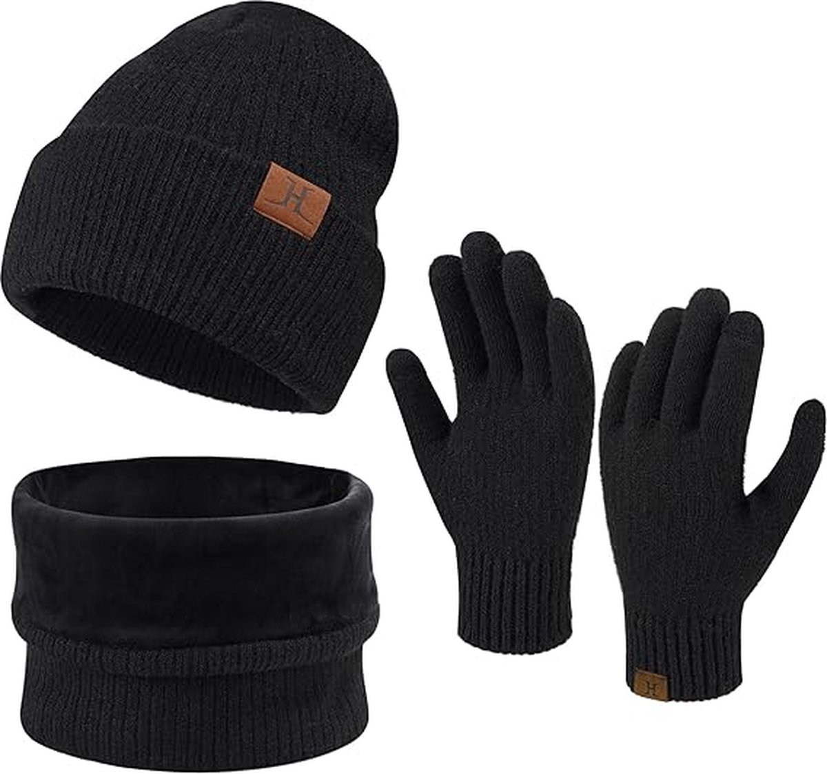Warme winterset 3-delig - Zwart - Fleece gevoerde beanie/muts, ronde sjaal, touchscreen handschoenen - 3 stuks voor volwassenen - Black Friday 2023 - Kerstcadeau