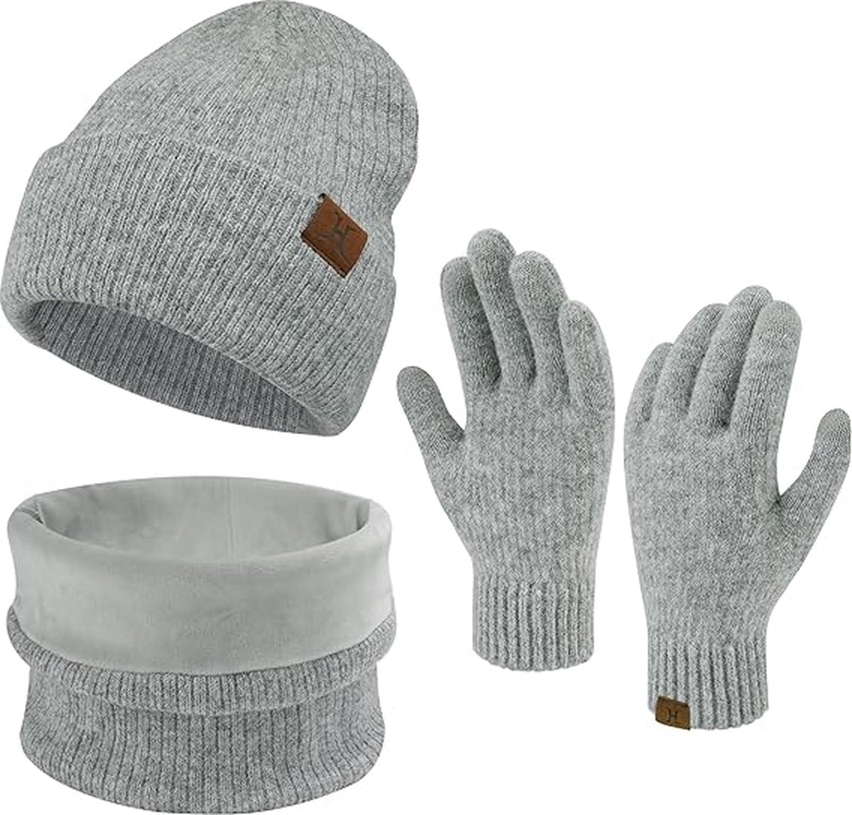 Warme winterset 3-delig - Lichtgrijs - Fleece gevoerde beanie/muts, ronde sjaal, touchscreen handschoenen - 3 stuks voor volwassenen - Black Friday 2023 - Kerstcadeau