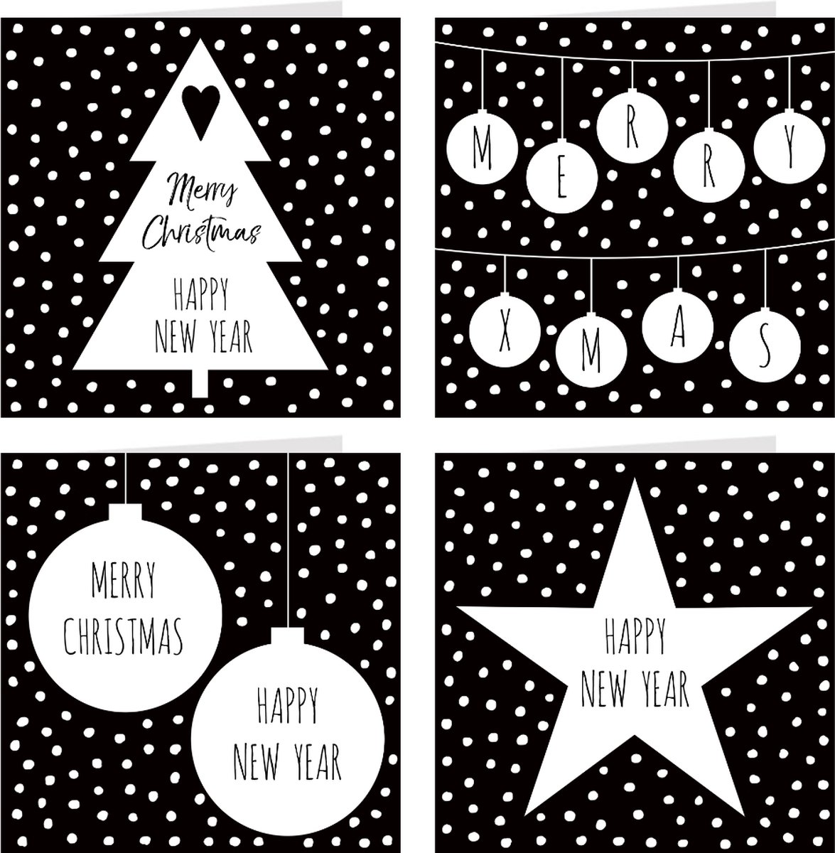 8 luxe kerstkaarten | WITTE KERST | set kaarten met enveloppen | kerstboom + kerstballen + kerstster | zwart & wit
