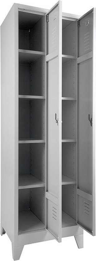 Armoire avec étagères dans toutes les colonnes Nombre de portes 2 Nombre d'étagères 8 Largeur 60CM Hauteur 180CM Couleur cadre Gris clair (Ral 7035) Type de pied Sur socle Serrure Avec fermeture à oeillet