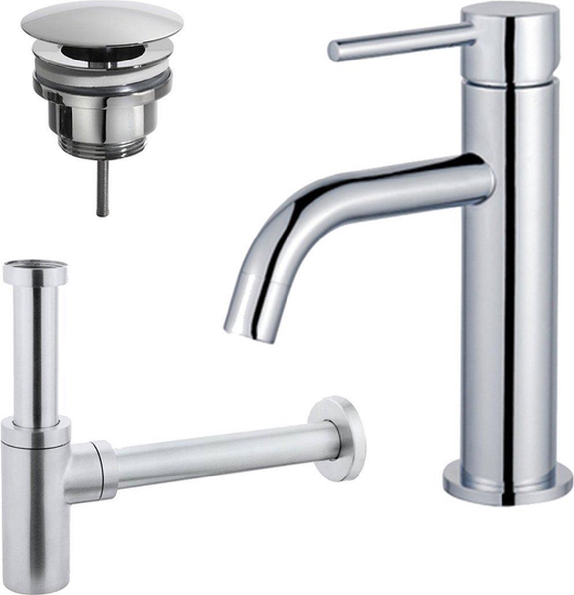 FortiFura Calvi Slim Wastafelkraanset lage wastafelkraan always open plug design sifon Chroom