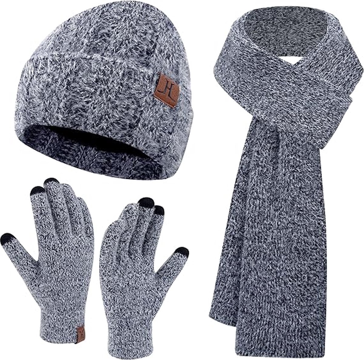 Warme winterset 3 stuks - Donkergrijs - Gevoerde muts beanie, lange sjaal, touchscreen handschoenen - 3-delige set voor volwassenen - Black Friday 2023 - Kerstcadeau