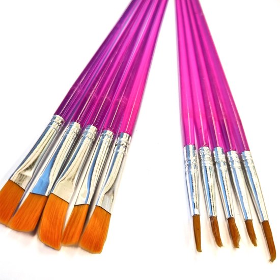 Gadgetpoint - Verfkwasten - Set van 10 - Penselen - Kwastjes - Schilderen - Verven - Knutselen - Kwasten - Plat & Pointed - Roze