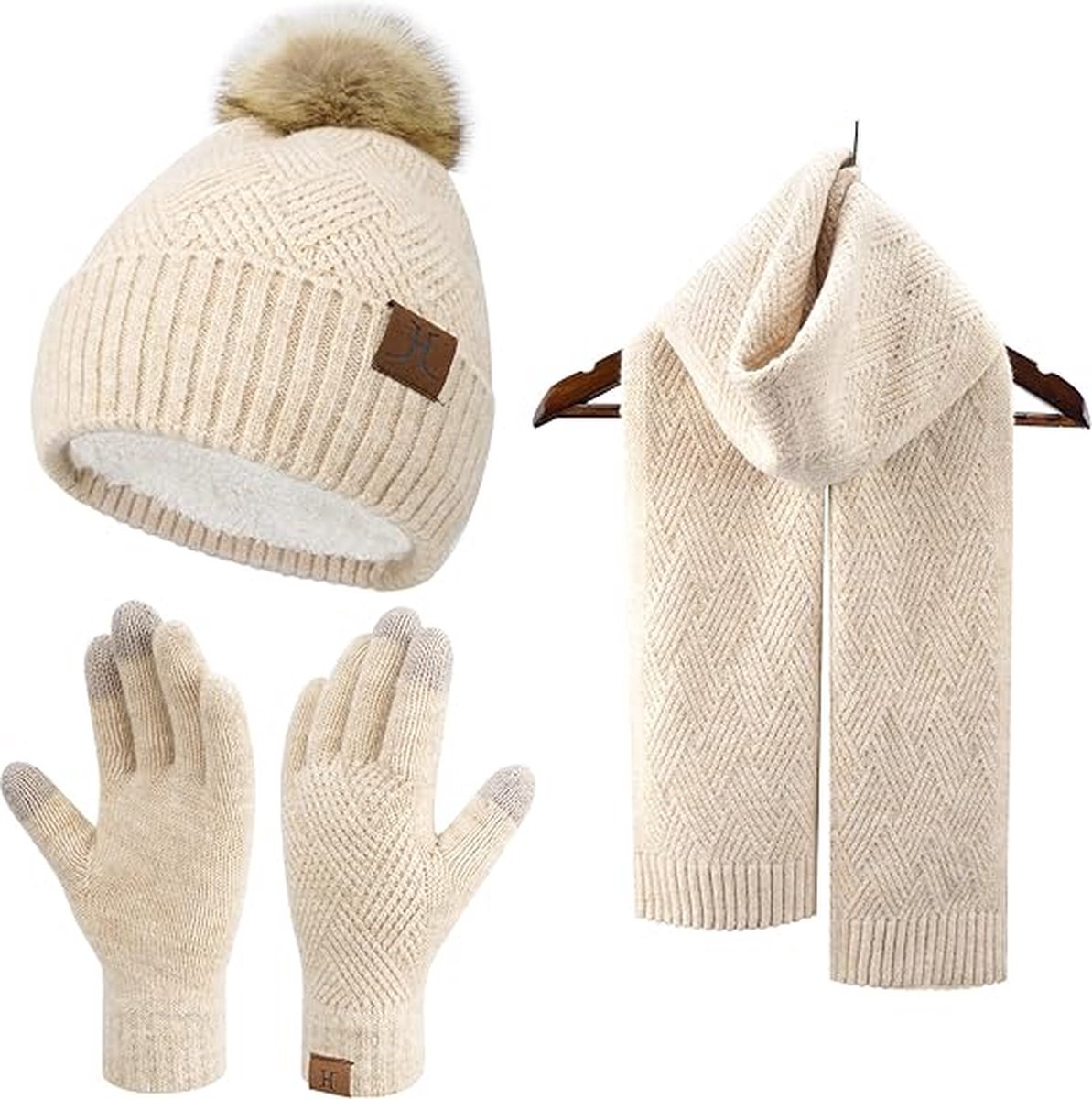 Warme winterset - Beige - Beanie met pom pom, lange sjaal, touchscreen handschoenen - Fleece gevoerde muts volwassenen - Black Friday 2023 - Kerstcadeau