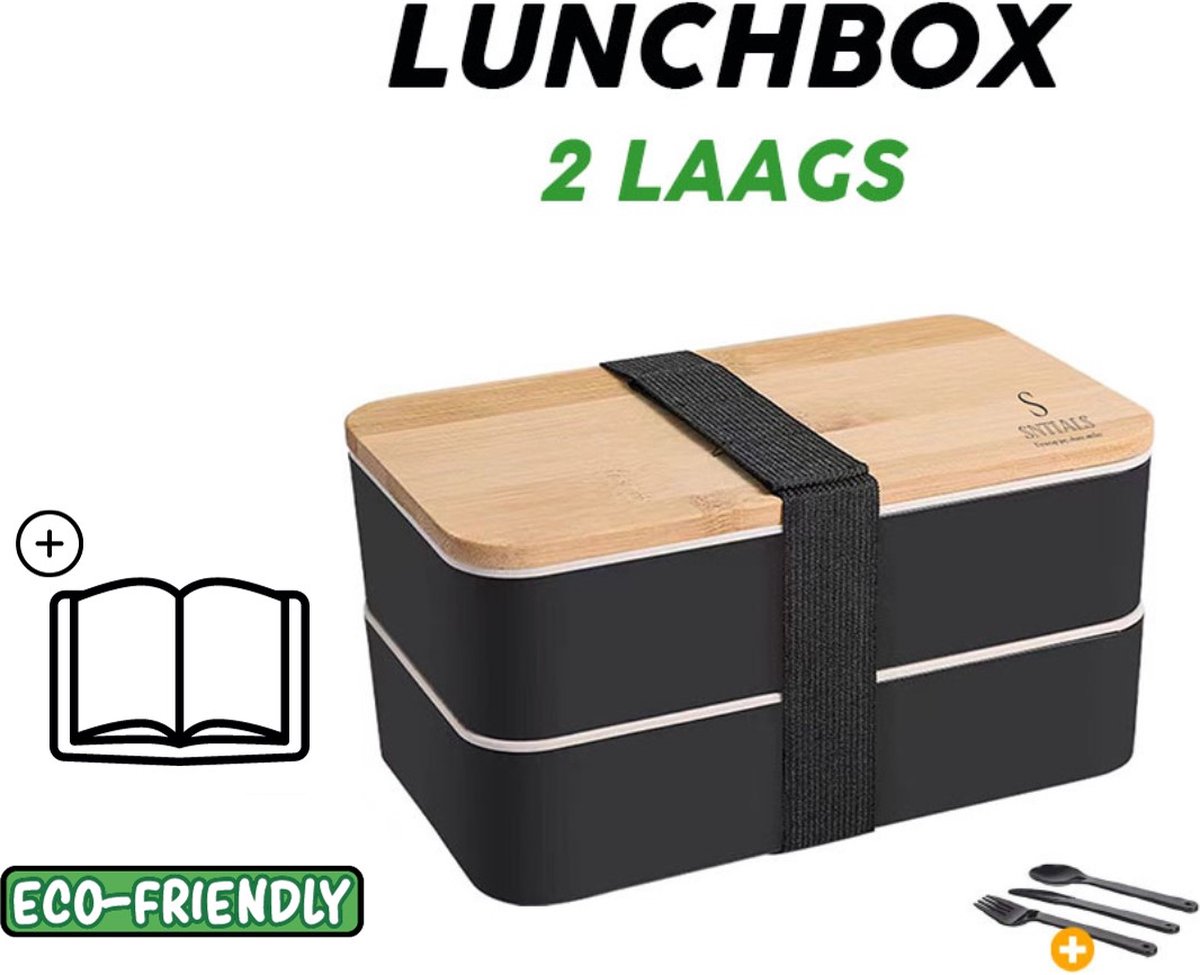 SNTIALS - Lunchbox met 2 compartimenten - Met Gratis Ebook Over Gezond Eten - Dubbele broodtrommel - Bentobox - Met bestek - Bamboo - Kinderen - BPA vrij - Compact - Meal preppen - Volwassen
