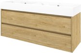Proline Loft badkamermeubelset - 140x46x62cm - porselein Loft wastafel - 2 kraangaten - symmetrisch - MFC Ideal oak/Glans wit