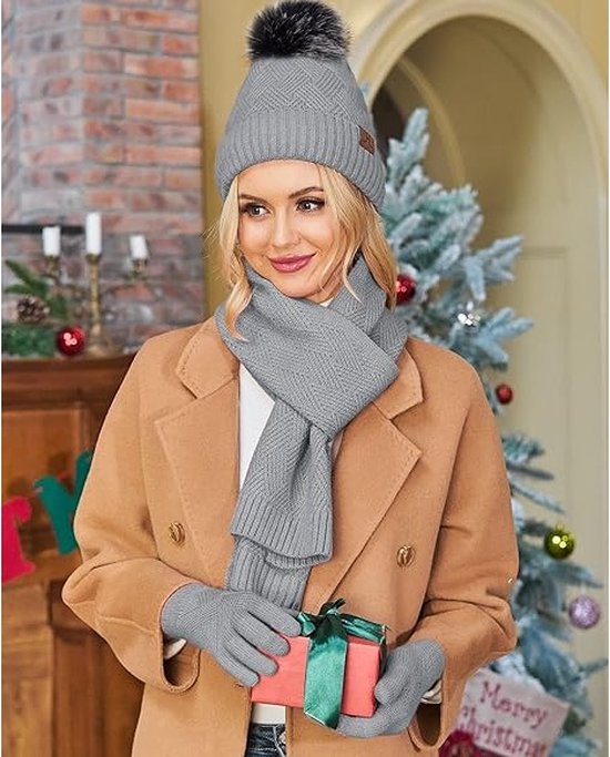 Ensemble hiver chaud Grijs Bonnet avec pompon, écharpe longue